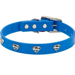 Vegan Leather Dog Collar - Superman Blue with Shield Embellishments & Metal Charm