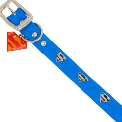 Vegan Leather Dog Collar - Superman Blue with Shield Embellishments & Metal Charm