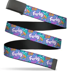 Web Belt Blank Black Buckle - FURBY Title Logo and Fur Prints Collage Multi Color/White Webbing
