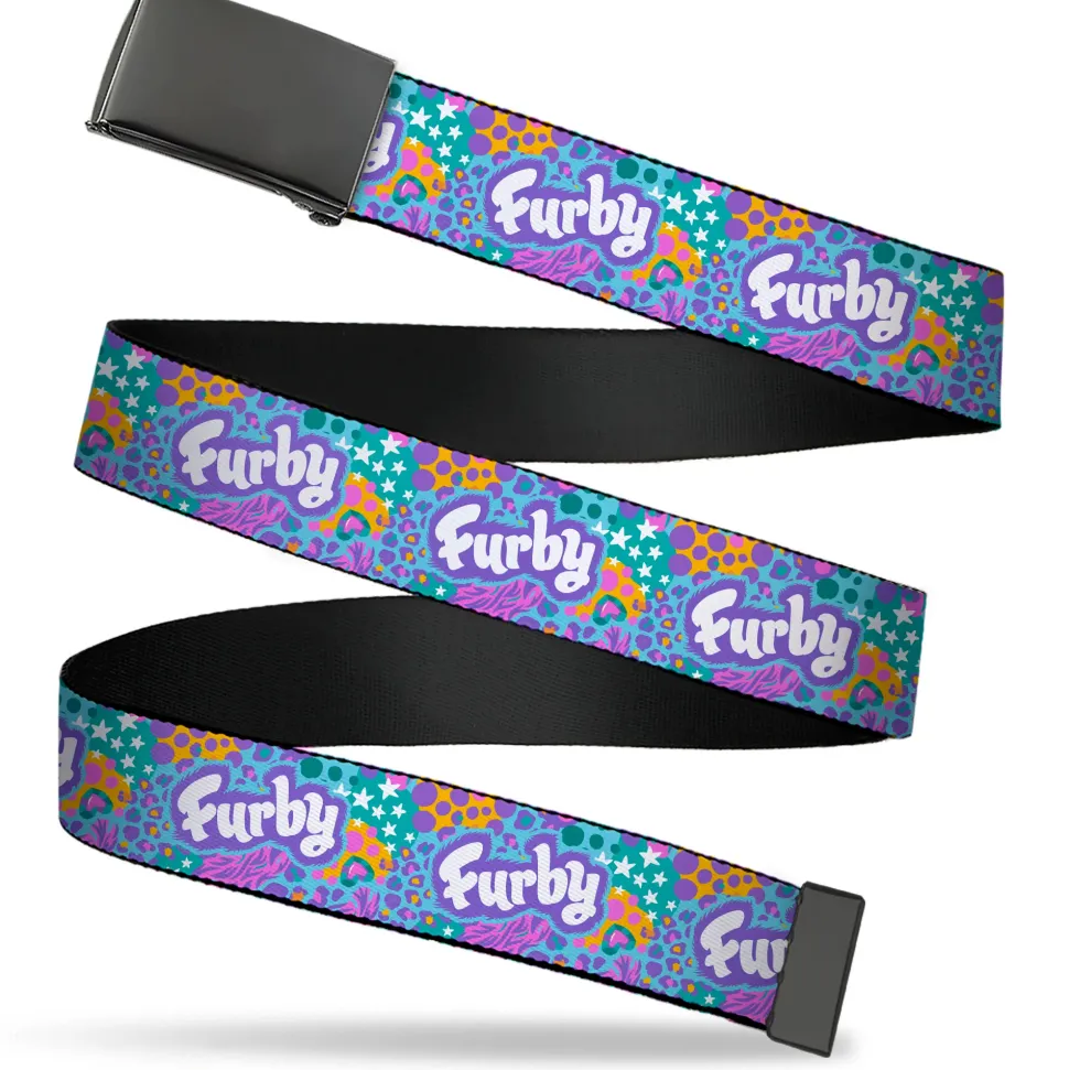 Web Belt Blank Black Buckle - FURBY Title Logo and Fur Prints Collage Multi Color/White Webbing