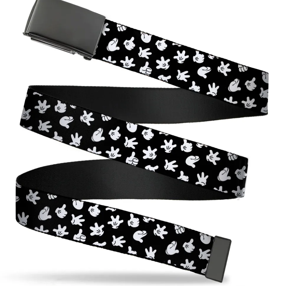 Web Belt Blank Black Buckle - Mickey Mouse Hand Gestures Scattered Black/White Webbing