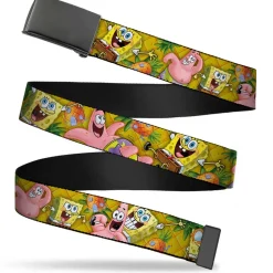 Web Belt Blank Black Buckle - SpongeBob & Patrick Starfish Poses Pineapple Gold Webbing