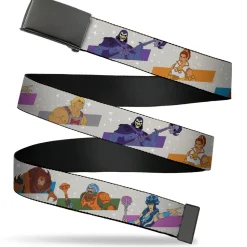 Web Belt Blank Black Buckle - Masters of the Universe Heroes and Villains Poses White/Multi Color Webbing