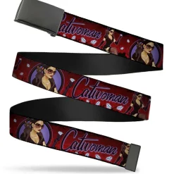 Web Belt Blank Black Buckle - CATWOMAN Bombshell Pose/Diamonds Red/Purple/Black Webbing