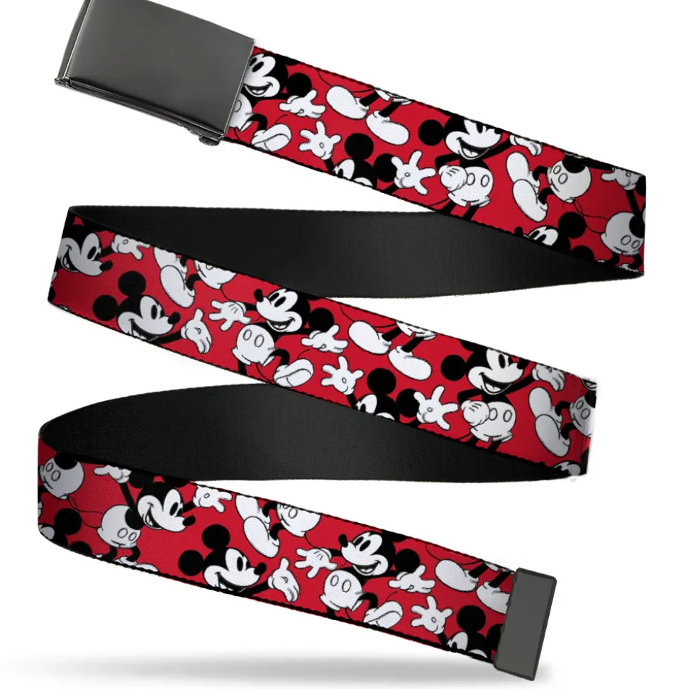 Web Belt Blank Black Buckle - Mickey Mouse Poses Scattered Red/Black/White Webbing