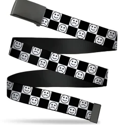 Web Belt Blank Black Buckle - Smiley Sad Face Checker Black/White Webbing