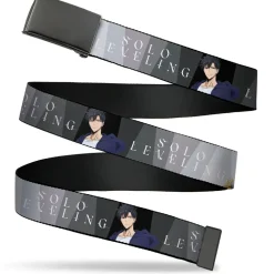 Web Belt Blank Black Buckle - SOLO LEVELING Jinwoo and Hae-In Poses and Title Logo Grays/White Webbing