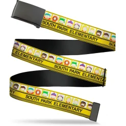 Web Belt Blank Black Buckle - SOUTH PARK ELEMENTARY School Bus Characters Pose Yellow Webbing