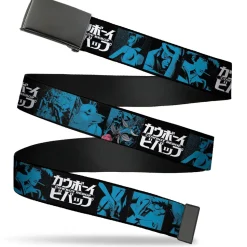 Web Belt Blank Black Buckle - COWBOY BEBOP Title Logo and Character Blocks Black/Blues Webbing