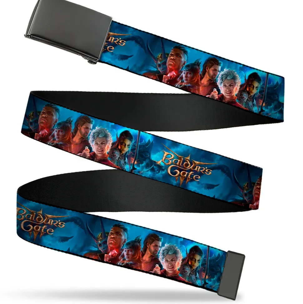 Web Belt Blank Black Buckle - BALDUR'S GATE III Group Pose Scenes and Title Logo Grays Webbing