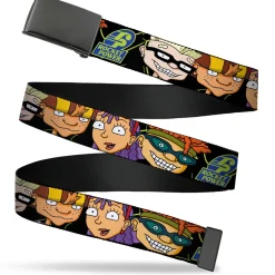 Web Belt Blank Black Buckle - ROCKET POWER RP Logo/4-Character Faces CLOSE-UP Black/Green/Blue Webbing