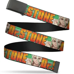 Web Belt Blank Black Buckle - DR. STONE Title Logo and Suika Face Close-Up Greens Webbing