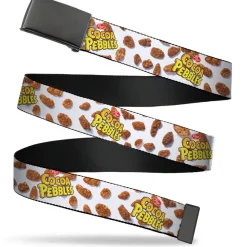 Web Belt Blank Black Buckle - POST COCOA PEBBLES Logo and Cereal Pebbles Scattered White/Browns Webbing
