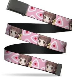 Web Belt Blank Black Buckle - Fruits Basket Chibi Tohru Honda Face and Kimono Rice Ball Icon Pink/White/Red Webbing