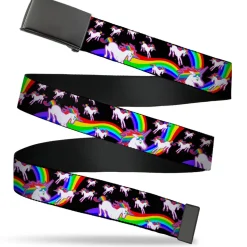 Web Belt Blank Black Buckle - Unicorns/Rainbow Swirl Black Webbing