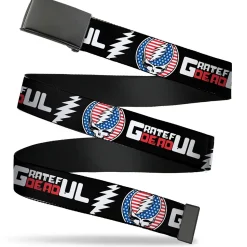 Web Belt Blank Black Buckle - GRATEFUL DEAD Text with Steal Your Face Stars and Stripes Logo Black/White/Red/Blue Webbing