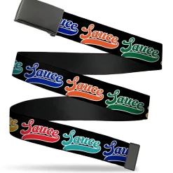 Web Belt Blank Black Buckle - SAUCE Baseball Script Black/Multi Color Webbing