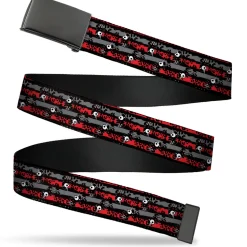 Web Belt Blank Black Buckle - Skelanimals Bonita the Unicorn Poses Stripe Black/Red/Gray Webbing
