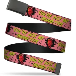 Web Belt Blank Black Buckle - The Lost Boys David Heart Icon YOU'RE JUST MY (BLOOD) TYPE Pink/Yellow Webbing