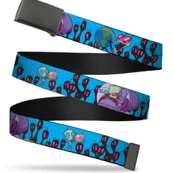 Web Belt Blank Black Buckle - Invader Zim GIR and Piggy Rule the World Poses Blue Webbing