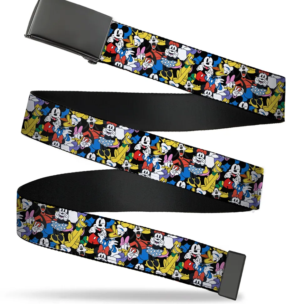 Web Belt Blank Black Buckle - Mickey and Friends Sensational 6 Poses Stacked Webbing