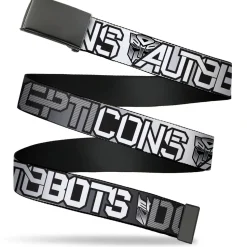 Web Belt Blank Black Buckle - Transformers AUTOBOTS DECEPTICONS Shield and Text Grays/Black/White Webbing