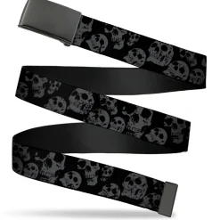 Web Belt Blank Black Buckle - Skulls Stacked Weathered Black/Gray Webbing