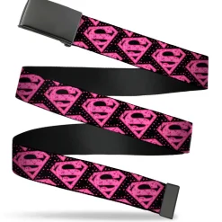 Web Belt Blank Black Buckle - Diagonal Superman Logo w/Hearts Black/Pink Webbing