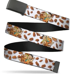 Web Belt Blank Black Buckle - Cocoa Pebbles Fred Flintstone and Barney Rubble Hugging Pose and Cereal Pebbles Scattered White/Browns Webbing