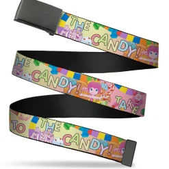 Web Belt Blank Black Buckle - Candy Land TAKE ME TO THE CANDY Character Collage Multi Color Webbing