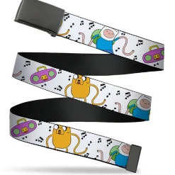 Web Belt Blank Black Buckle - Adventure Time Finn and Jake Long Arms Dancing Pose Music Notes White Webbing