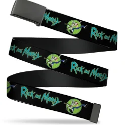 Web Belt Blank Black Buckle - RICK AND MORTY Title Logo and Portal Pose Black Webbing