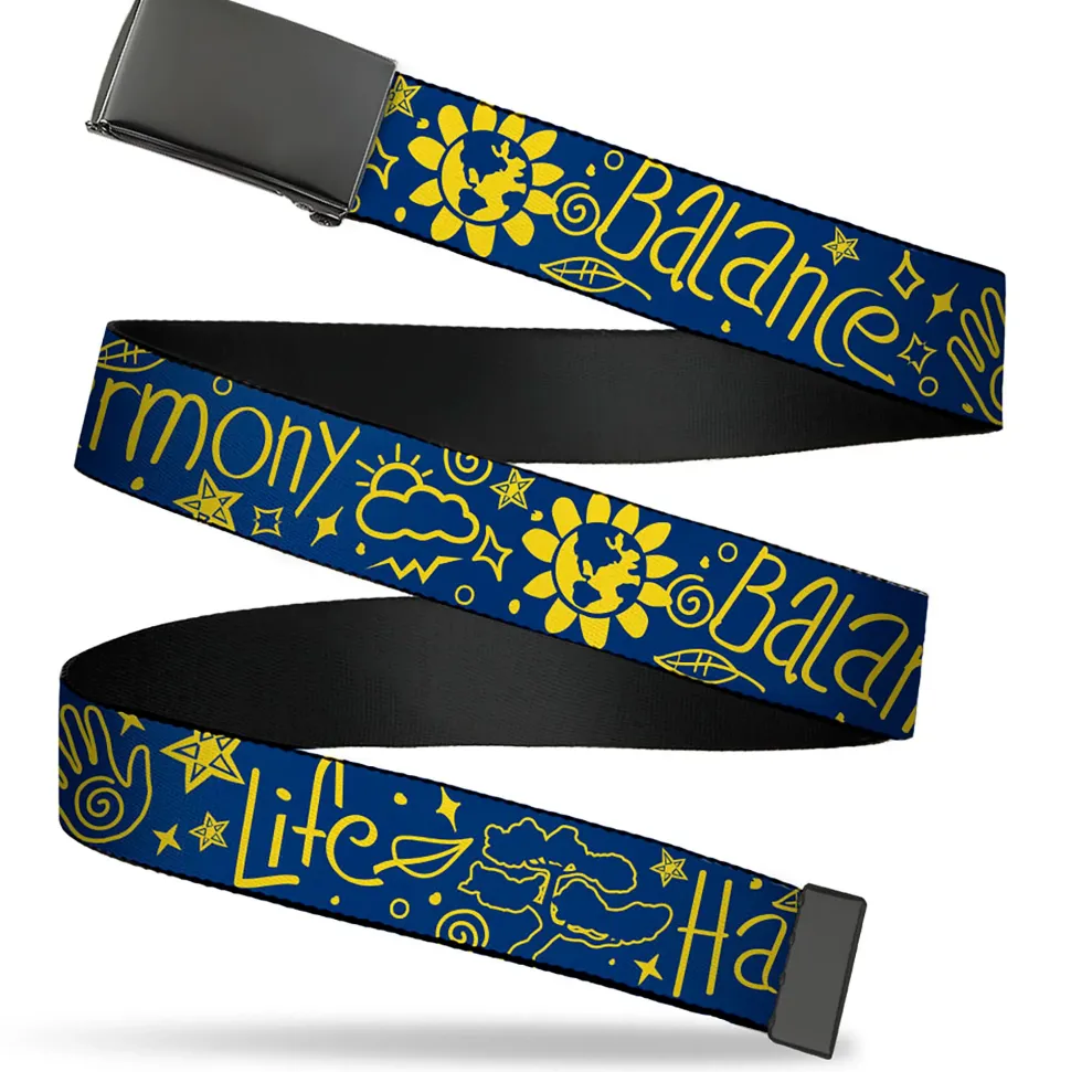 Web Belt Blank Black Buckle - HARMONY BALANCE LIFE Icons Collage Blue/Yellow Webbing