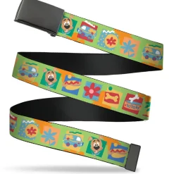 Web Belt Blank Black Buckle - Scooby Doo Chibi Icon Blocks Green/Multi Color Webbing