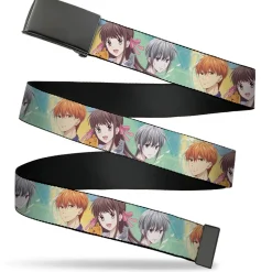 Web Belt Blank Black Buckle - Fruits Basket Kyo Tohru Yuki Group Pose Greens/Blues Webbing