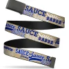 Web Belt Blank Black Buckle - SAUCE Typography Collage Tan/White/Blue Webbing
