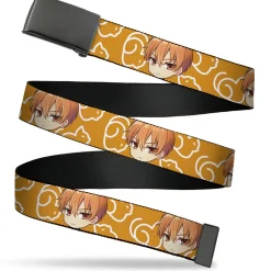 Web Belt Blank Black Buckle - Fruits Basket Chibi Kyo Soma Face and Kimono Cat Icon Orange/White Webbing