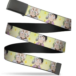 Web Belt Blank Black Buckle - Dr. Stone Chibi Senku and Gen Faces Stars Yellows Webbing