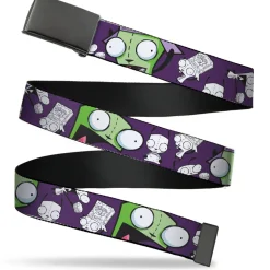 Web Belt Blank Black Buckle - Invader Zim GIR Poses and Sketch Purple Webbing