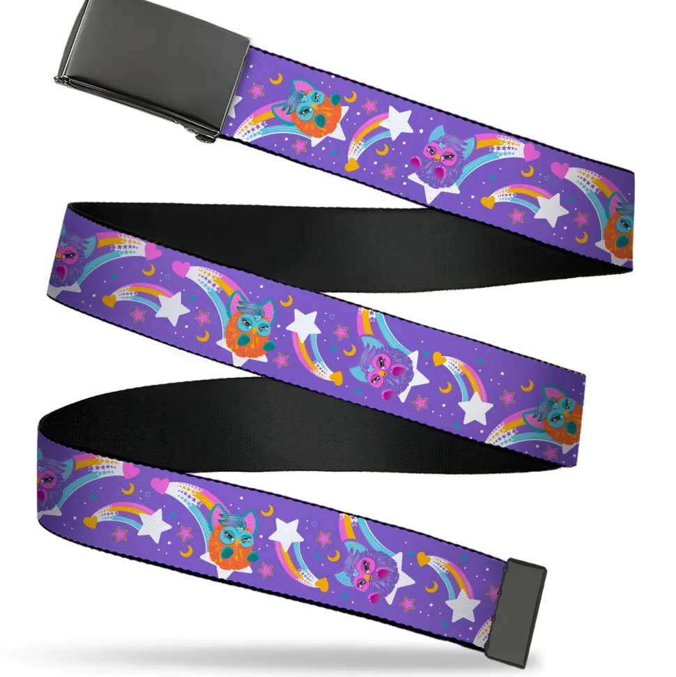 Web Belt Blank Black Buckle - Furby Orange and Purple Jumping Rainbow Slide Black/Multi Color Webbing