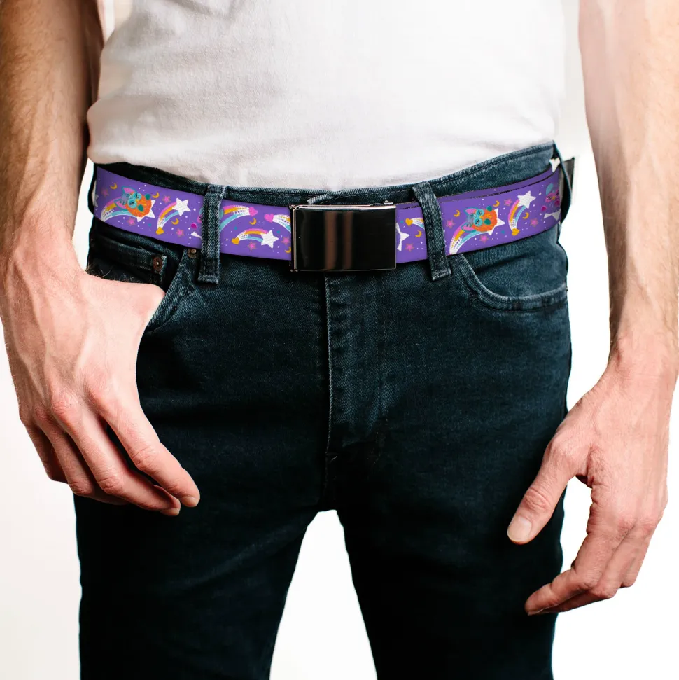 Web Belt Blank Black Buckle - Furby Orange and Purple Jumping Rainbow Slide Black/Multi Color Webbing