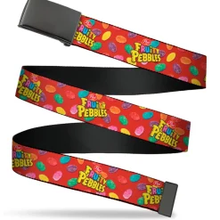 Web Belt Blank Black Buckle - POST FRUITY PEBBLES Logo and Cereal Pebbles Scattered Red/Multi Color Webbing