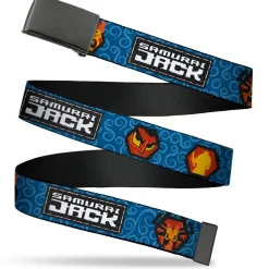 Web Belt Blank Black Buckle - SAMURAI JACK Title Logo and Icons with Swirl Blues Webbing