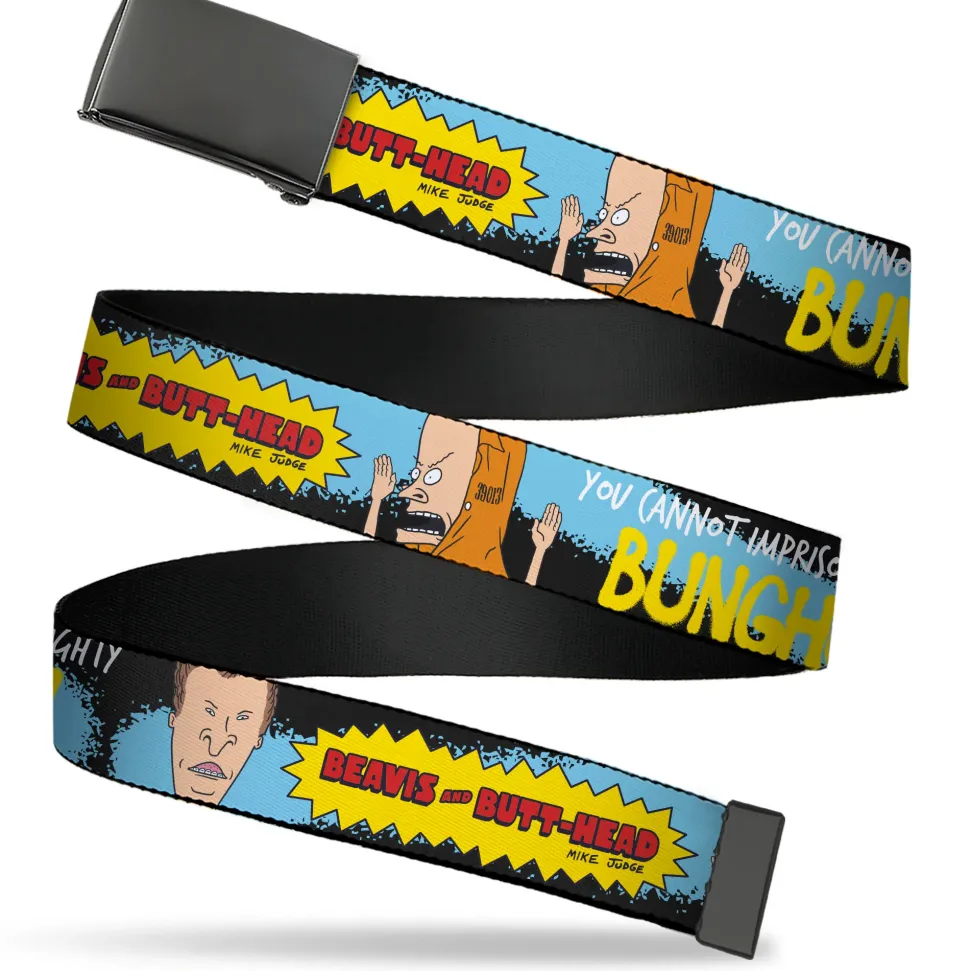 Web Belt Blank Black Buckle - BEAVIS AND BUTT-HEAD THE ALMIGHTY BUNGHOLE Pose and Title Logo Black/Blue Webbing