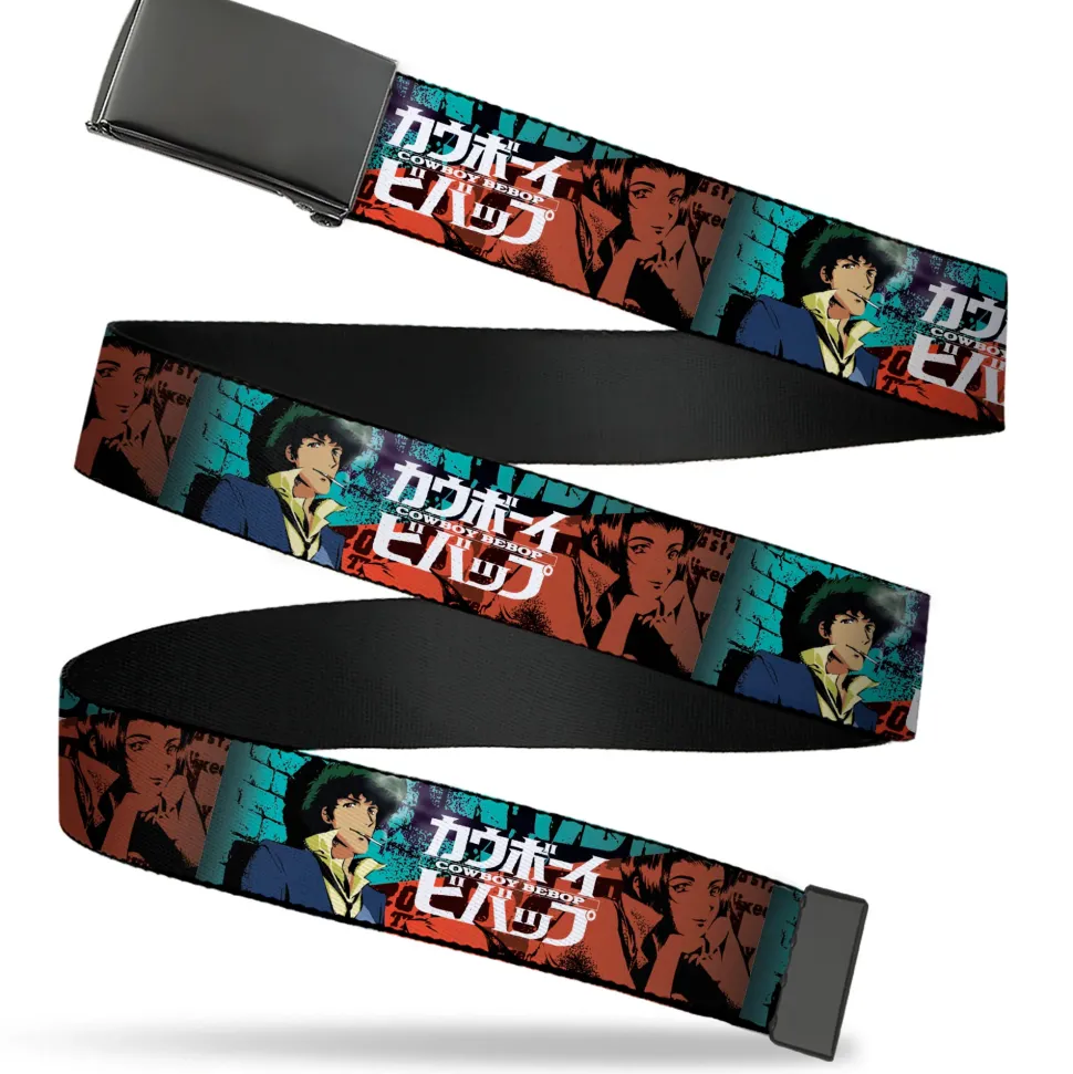 Web Belt Blank Black Buckle - COWBOY BEBOP Spike and Faye Brick Pose and Title Logo Blues/Reds Webbing