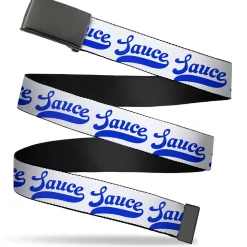 Web Belt Blank Black Buckle - SAUCE Baseball Script White/Blue Webbing