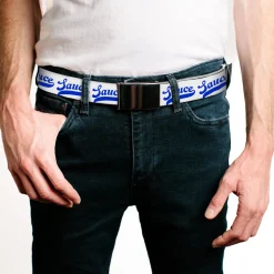Web Belt Blank Black Buckle - SAUCE Baseball Script White/Blue Webbing