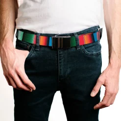 Web Belt Blank Black Buckle - Zarape5 Vertical Multi Color Stripe Webbing