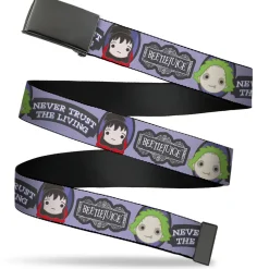 Web Belt Blank Black Buckle - BEETLEJUICE Chibi Beetlejuice and Lydia NEVER TRUST THE LIVING Gray Webbing