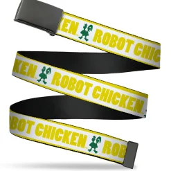 Web Belt Blank Black Buckle - ROBOT CHICKEN Chicken Silhouette Yellow/White/Green Webbing